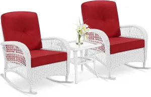VIVIJASON 3-Piece Outdoor Conversation Bistro Set, Patio Wicker Rocking Chairs Rattan Furniture Sets w/ 2 Rattan Chairs, Cushions, Glass Top Side Table for Garden Porch Backyard (White Wicker/Red)
