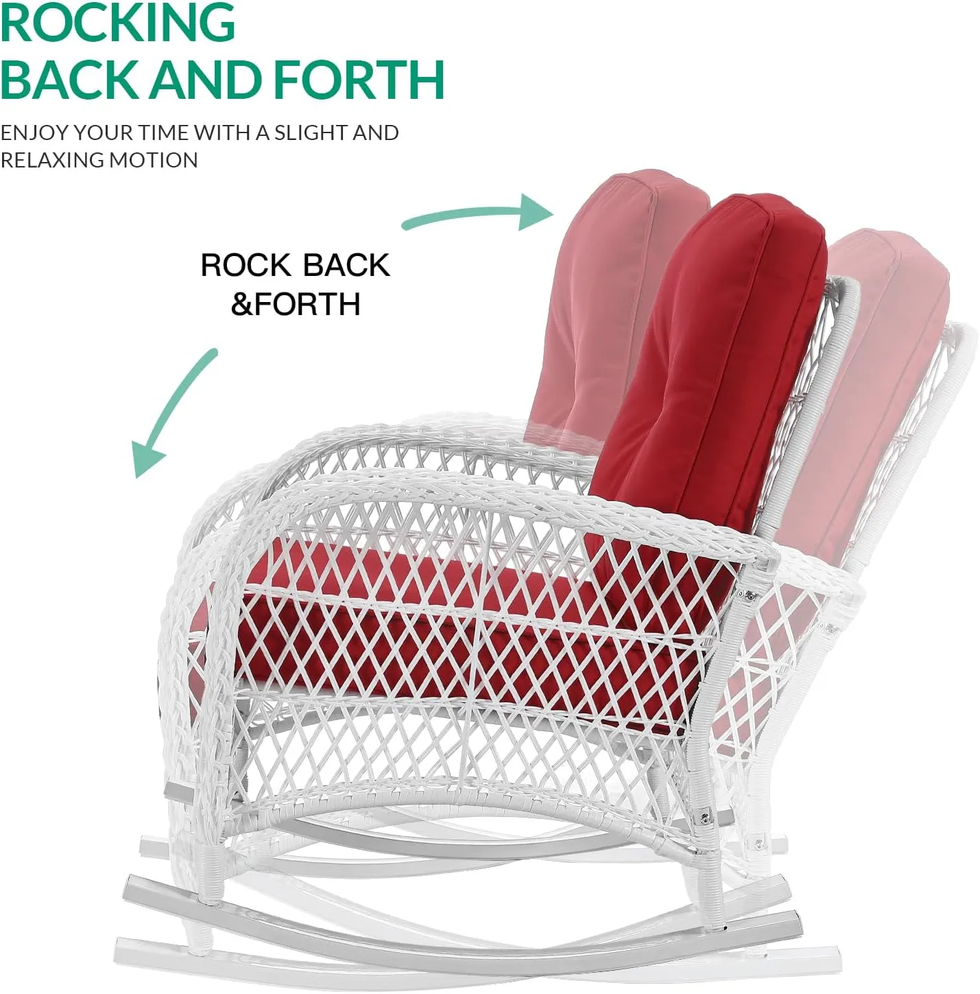 VIVIJASON 3-Piece Outdoor Conversation Bistro Set, Patio Wicker Rocking Chairs Rattan Furniture Sets w/ 2 Rattan Chairs, Cushions, Glass Top Side Table for Garden Porch Backyard (White Wicker/Red)