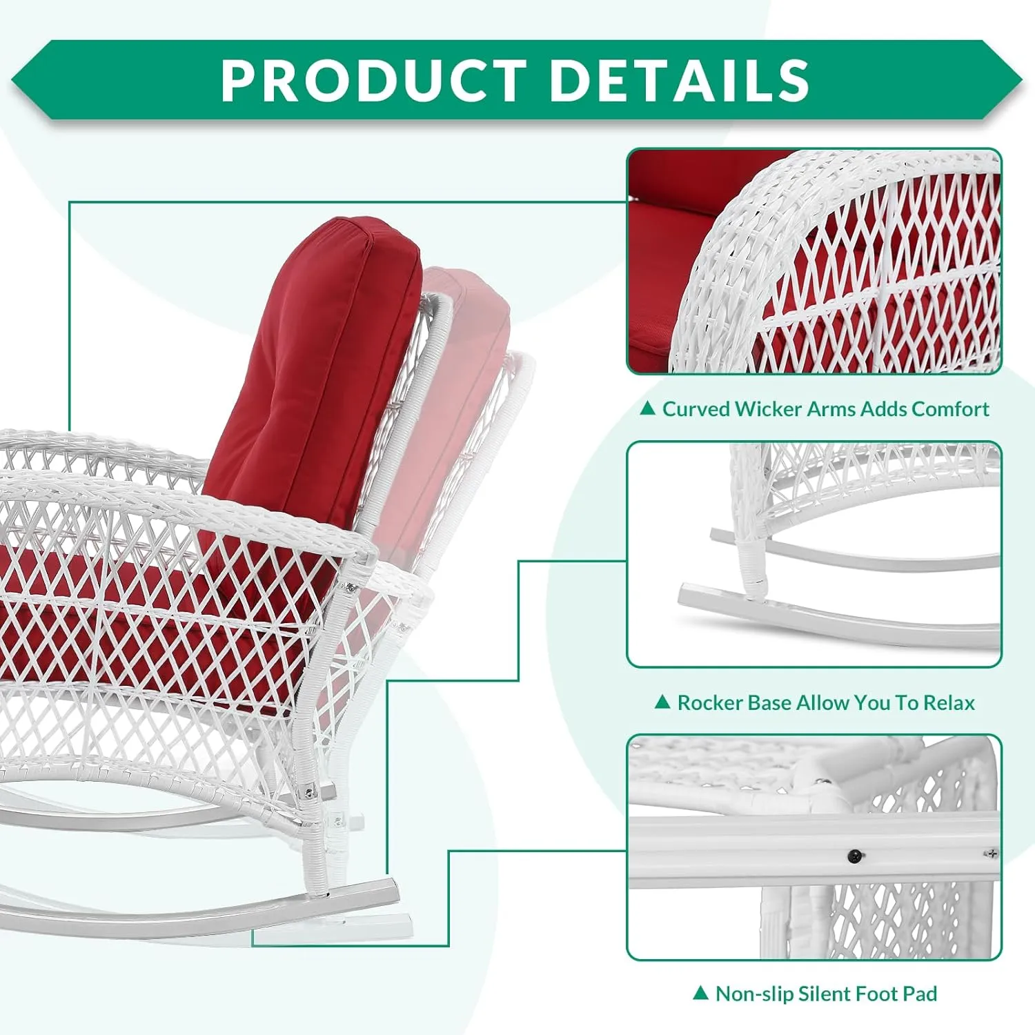 VIVIJASON 3-Piece Outdoor Conversation Bistro Set, Patio Wicker Rocking Chairs Rattan Furniture Sets w/ 2 Rattan Chairs, Cushions, Glass Top Side Table for Garden Porch Backyard (White Wicker/Red)