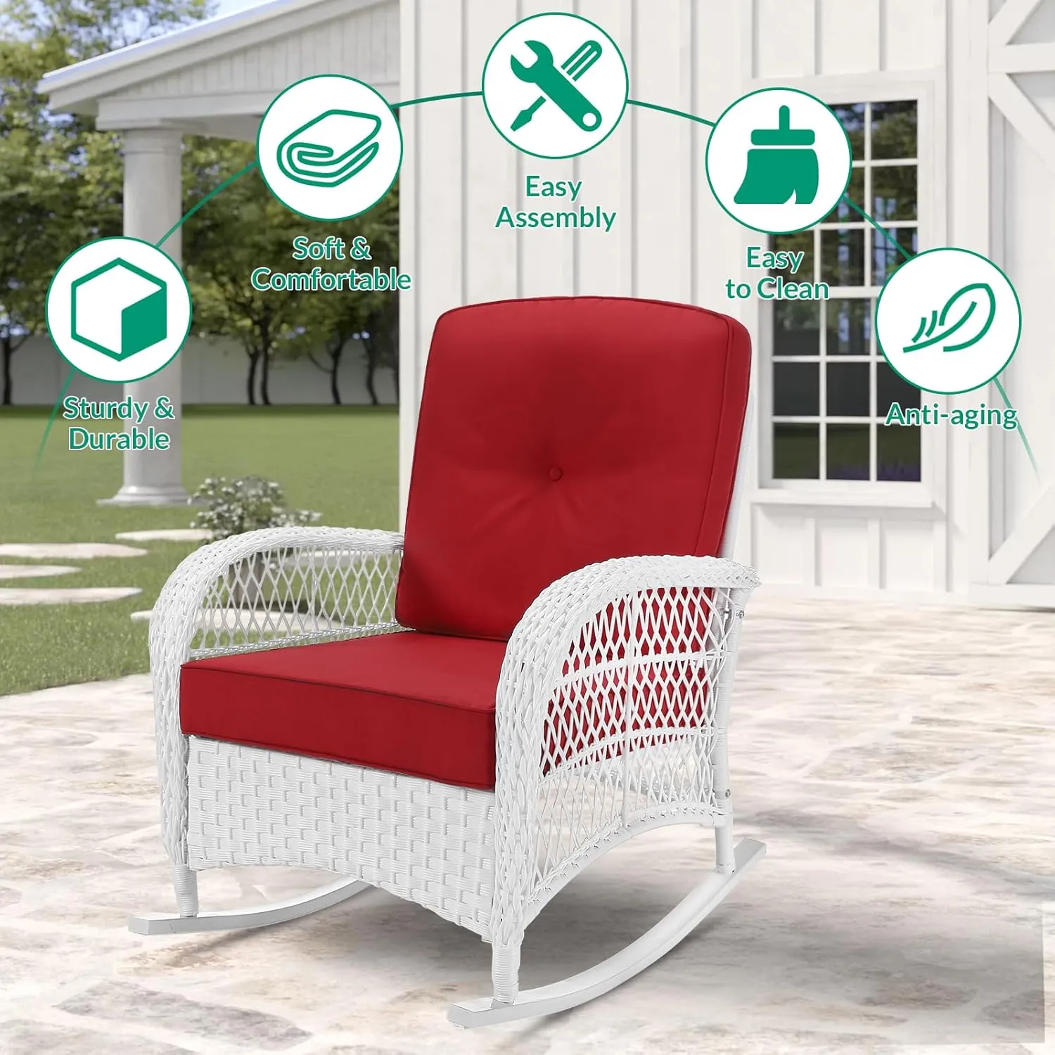 VIVIJASON 3-Piece Outdoor Conversation Bistro Set, Patio Wicker Rocking Chairs Rattan Furniture Sets w/ 2 Rattan Chairs, Cushions, Glass Top Side Table for Garden Porch Backyard (White Wicker/Red)