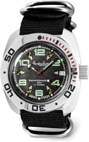Vostok | Amphibian Automatic Self-Winding Russian Diver Wrist Watch | WR 200m | Amphibia 710334 | Black Dial 40mm Mechanical Watch | Luminous dots