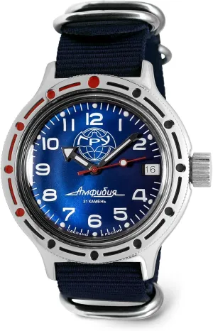 VOSTOK | GRU Amphibian Automatic Self-Winding Russian Diver Wrist Watch | WR 200m | Amphibia 420866 | Blue Dial 40mm Mechanical Watch | Luminous dots