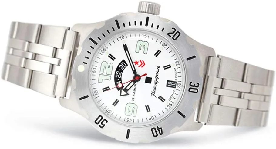Vostok | Komandirskie K-35 Automatic Self-Winding Russian Military Wrist Watch | 24 Hour Day-Night Indicator | WR 100 m | Model 350606 Steel Bracelet B®