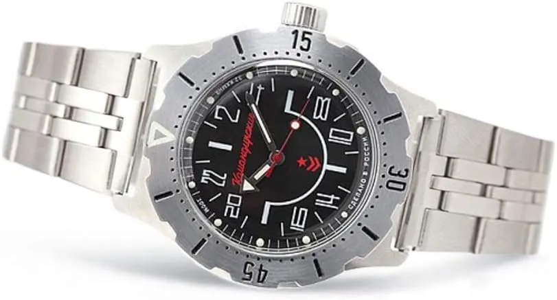 Vostok | Komandirskie K-35 Automatic Self-Winding Russian Military Wrist Watch | 24 Hour Dial | WR 100 m | Model 350623 Steel Bracelet B®