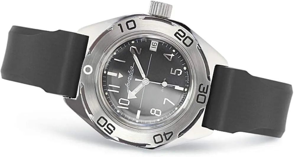 VOSTOK | Men's Amphibian Diver Automatic Self-Winding Russian Watch | WR 200 m | Model 670059 Black Resin Band