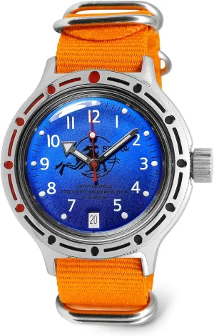 VOSTOK | Scuba Dude Amphibian Automatic Self-Winding 40mm Diver Wrist Watch | WR 200m | Amphibia 420379 | Blue Dial Mechanical Watch | Luminous dots