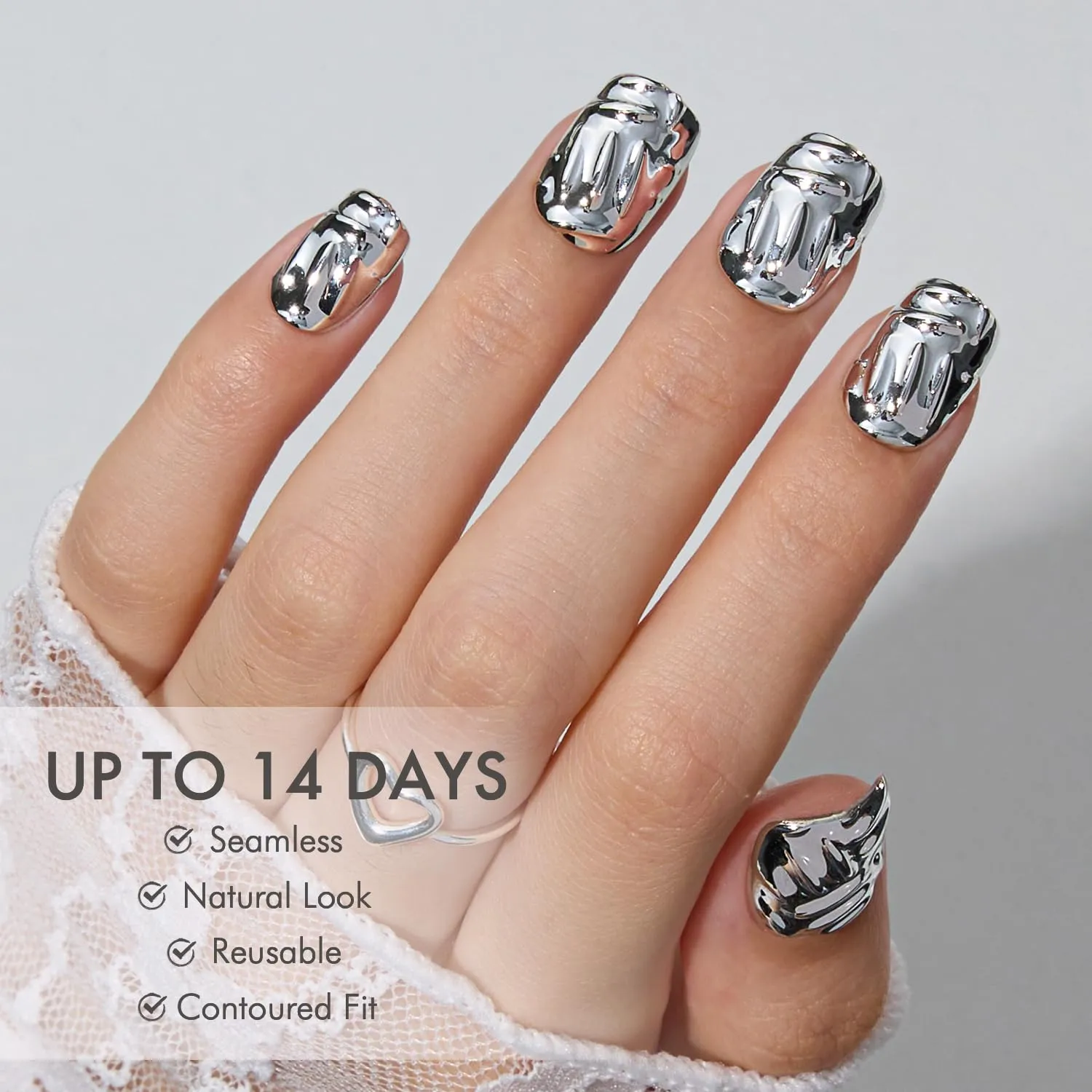 VSALON Press on Nails Short Square - Metallic Chrome 3D Sculpting Glue On Nails, Reusable Opaque Fake Nails with Quick Dry Glue, Protector Oil - 32 PCS Stick On Nails in 16 Sizes (Armor)