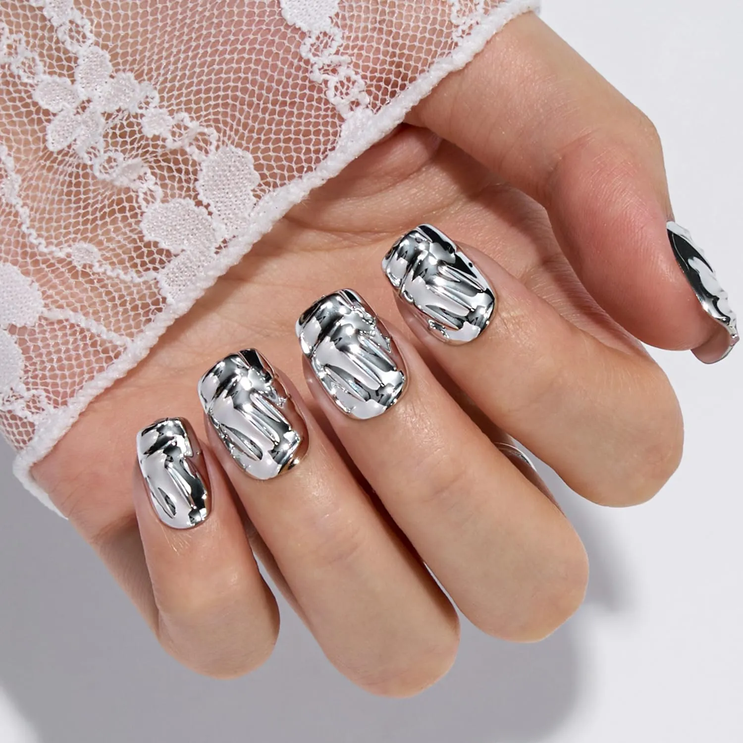 VSALON Press on Nails Short Square - Metallic Chrome 3D Sculpting Glue On Nails, Reusable Opaque Fake Nails with Quick Dry Glue, Protector Oil - 32 PCS Stick On Nails in 16 Sizes (Armor)