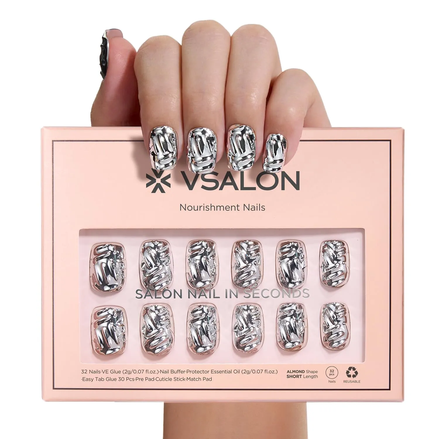 VSALON Press on Nails Short Square - Metallic Chrome 3D Sculpting Glue On Nails, Reusable Opaque Fake Nails with Quick Dry Glue, Protector Oil - 32 PCS Stick On Nails in 16 Sizes (Armor)
