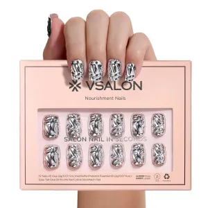 VSALON Press on Nails Short Square - Metallic Chrome 3D Sculpting Glue On Nails, Reusable Opaque Fake Nails with Quick Dry Glue, Protector Oil - 32 PCS Stick On Nails in 16 Sizes (Armor)