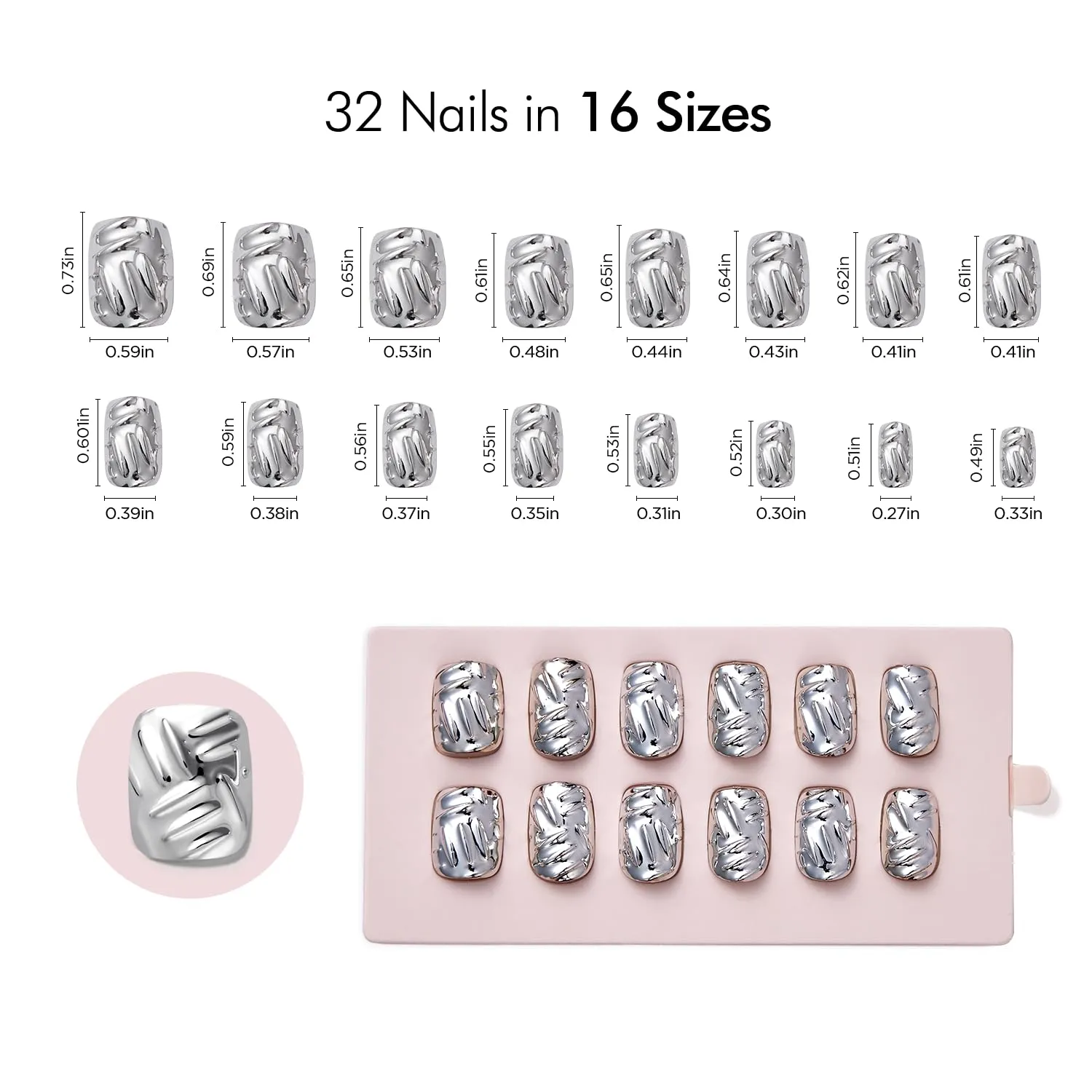VSALON Press on Nails Short Square - Metallic Chrome 3D Sculpting Glue On Nails, Reusable Opaque Fake Nails with Quick Dry Glue, Protector Oil - 32 PCS Stick On Nails in 16 Sizes (Armor)