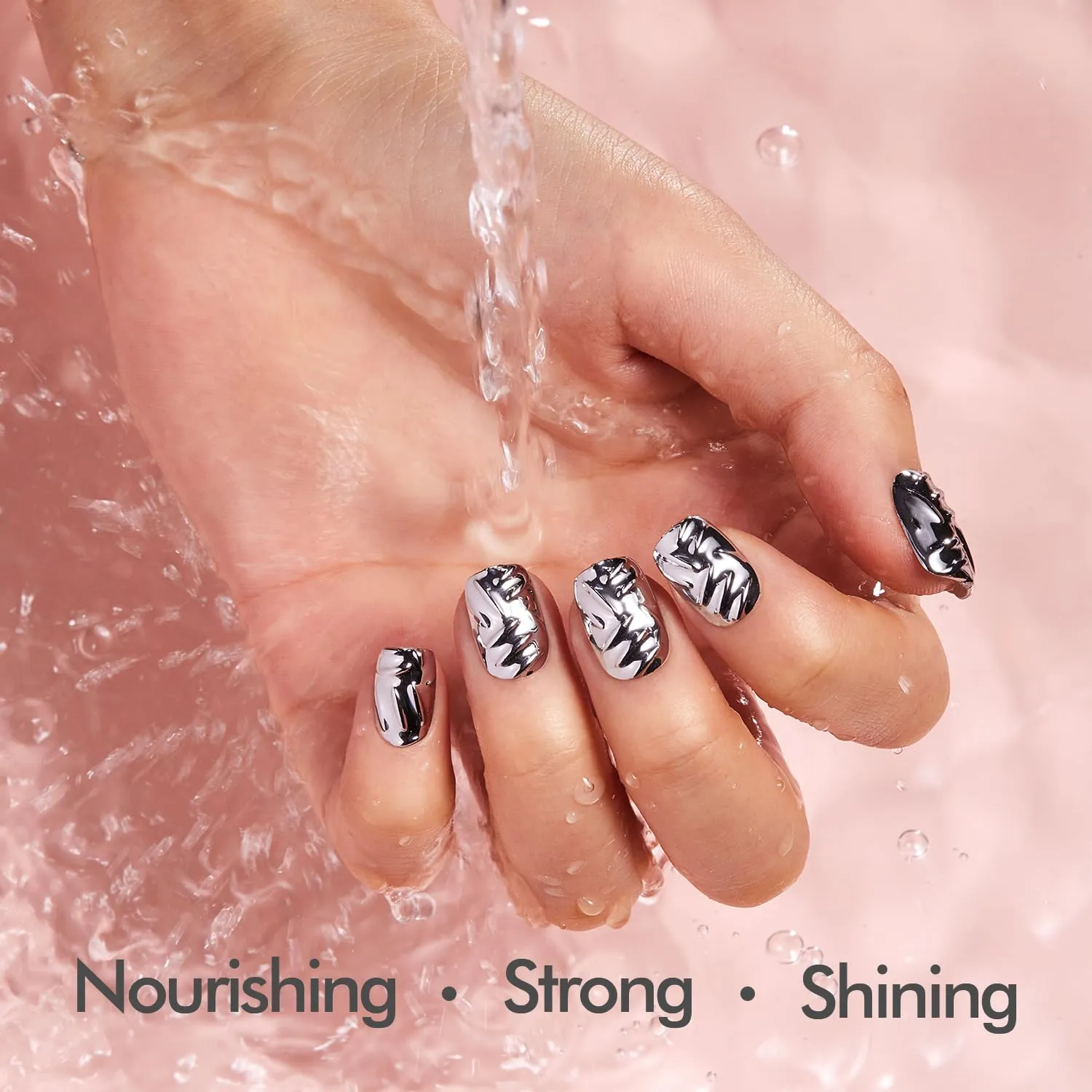 VSALON Press on Nails Short Square - Metallic Chrome 3D Sculpting Glue On Nails, Reusable Opaque Fake Nails with Quick Dry Glue, Protector Oil - 32 PCS Stick On Nails in 16 Sizes (Armor)