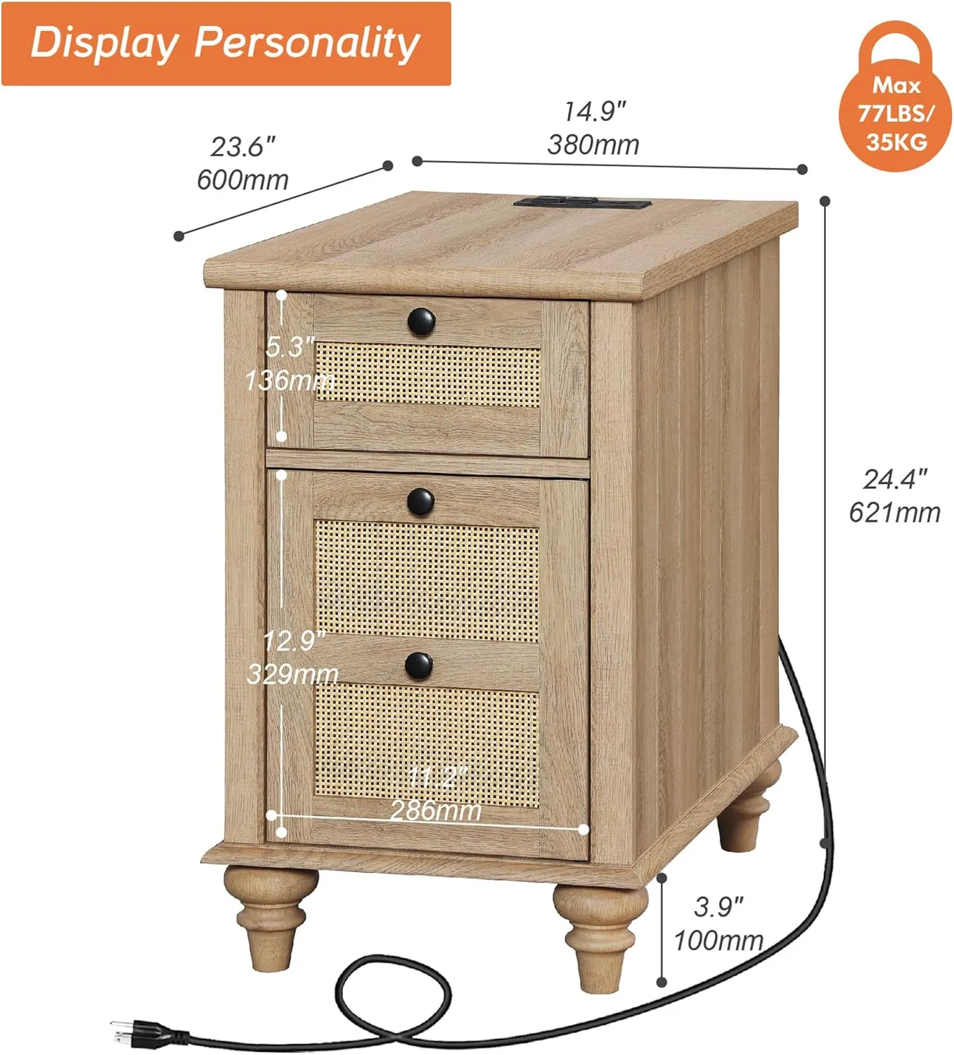 WAMPAT Farmhouse End Table with Charging Station, Rattan Side Table with Drawer & Storage Cabinet, Wooden Oak Nightstand with Power Outlets & USB Ports for Living Room, Bedroom, Burlywood