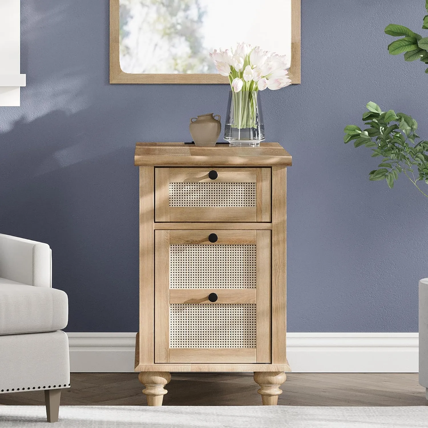 WAMPAT Farmhouse End Table with Charging Station, Rattan Side Table with Drawer & Storage Cabinet, Wooden Oak Nightstand with Power Outlets & USB Ports for Living Room, Bedroom, Burlywood