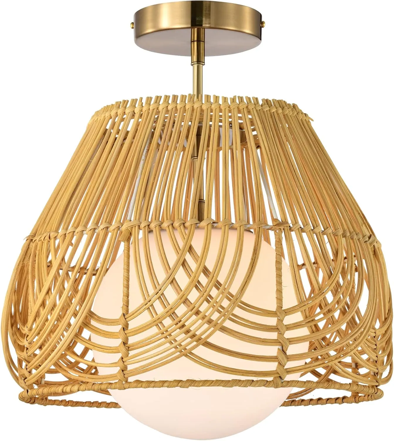 Warehouse of Tiffany Lada 13 Inch Natural Rattan Semi Flush Mount 1-Light, Brass and Natural (MX55/1)