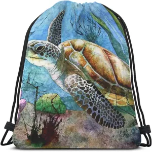 Watercolor Sea Turtle Drawstring Bags Backpack Bag Ocean Theme Color Animals Swimming Underwater Reef Coral Life Sport Gym Sack Drawstring Bag String Bag Yoga Bag for Men Women