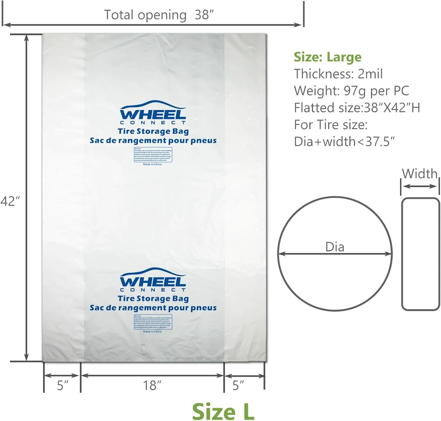 WHEEL CONNECT Tire Storage Bags. Made of Polyethylene LDPE Plastic, Large 38”X42”H, White, Pack of 8pcs. L.