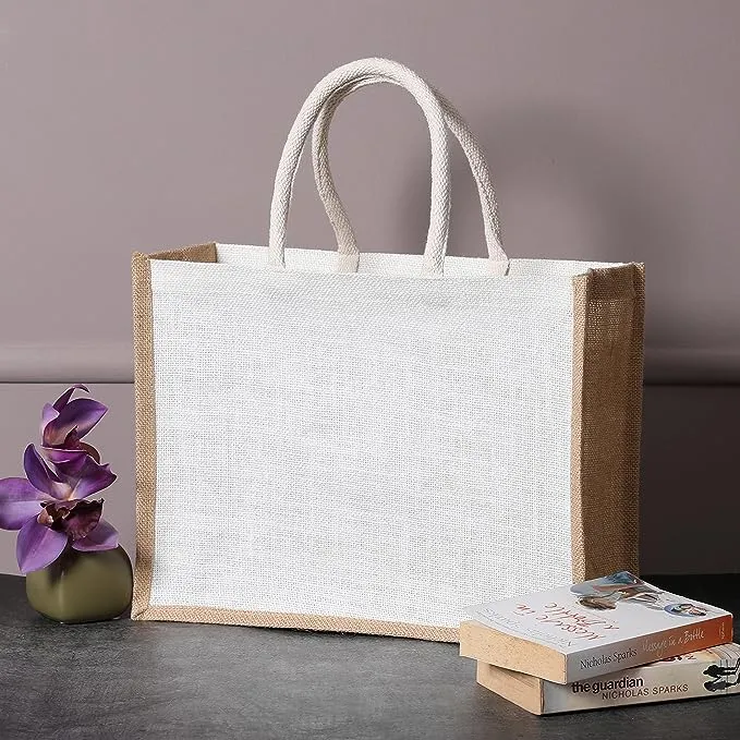 White Jute Burlap Tote Bags with Handle | 100% Natural Eco-friendly Reusable Grocery Bag | Totes for Bridesmaids|Yogi's Gift® (Pack of 10)