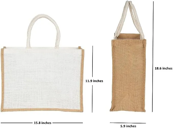 White Jute Burlap Tote Bags with Handle | 100% Natural Eco-friendly Reusable Grocery Bag | Totes for Bridesmaids|Yogi's Gift® (Pack of 10)