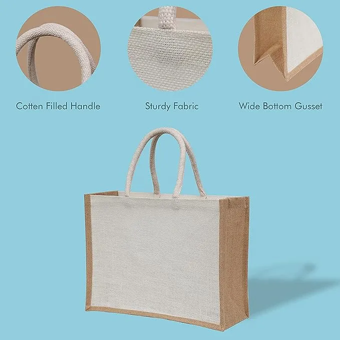 White Jute Burlap Tote Bags with Handle | 100% Natural Eco-friendly Reusable Grocery Bag | Totes for Bridesmaids|Yogi's Gift® (Pack of 10)
