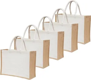 White Jute Burlap Tote Bags with Handle | 100% Natural Eco-friendly Reusable Grocery Bag | Totes for Bridesmaids|Yogi's Gift® (Pack of 5)