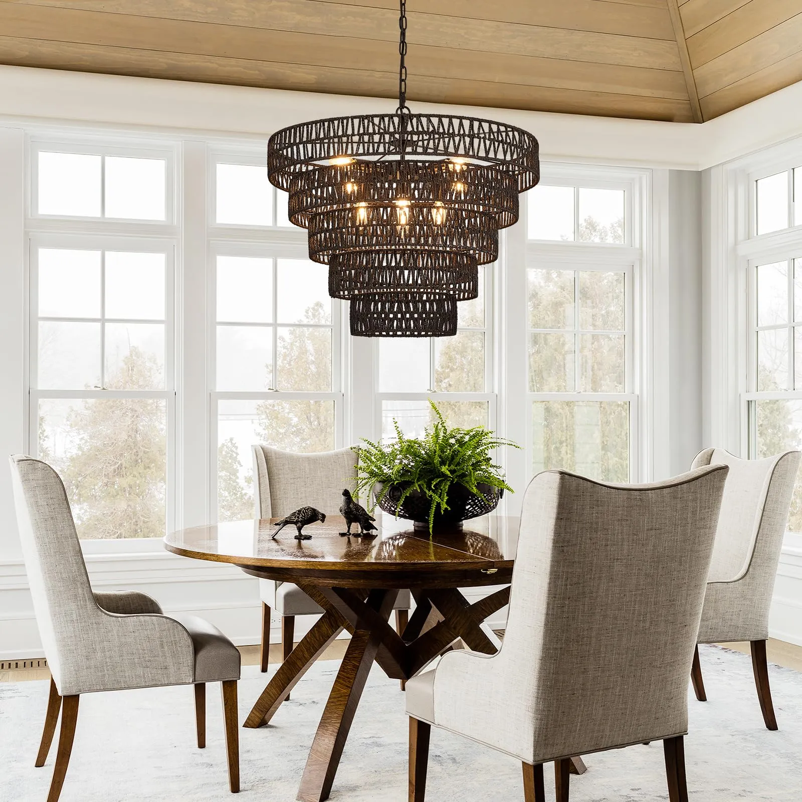Widluth 25.6” Black Hand-Woven Rattan Chandelier Vintage Farmhouse 8-Lights Boho Large Bamboo Chandelier Light Fixture Retro 5-Tier Drum Wicker Chandelier for Dining Room, Kitchen, Bedroom, E12