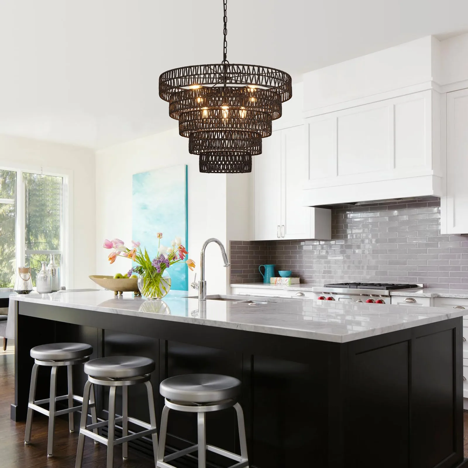 Widluth 25.6” Black Hand-Woven Rattan Chandelier Vintage Farmhouse 8-Lights Boho Large Bamboo Chandelier Light Fixture Retro 5-Tier Drum Wicker Chandelier for Dining Room, Kitchen, Bedroom, E12
