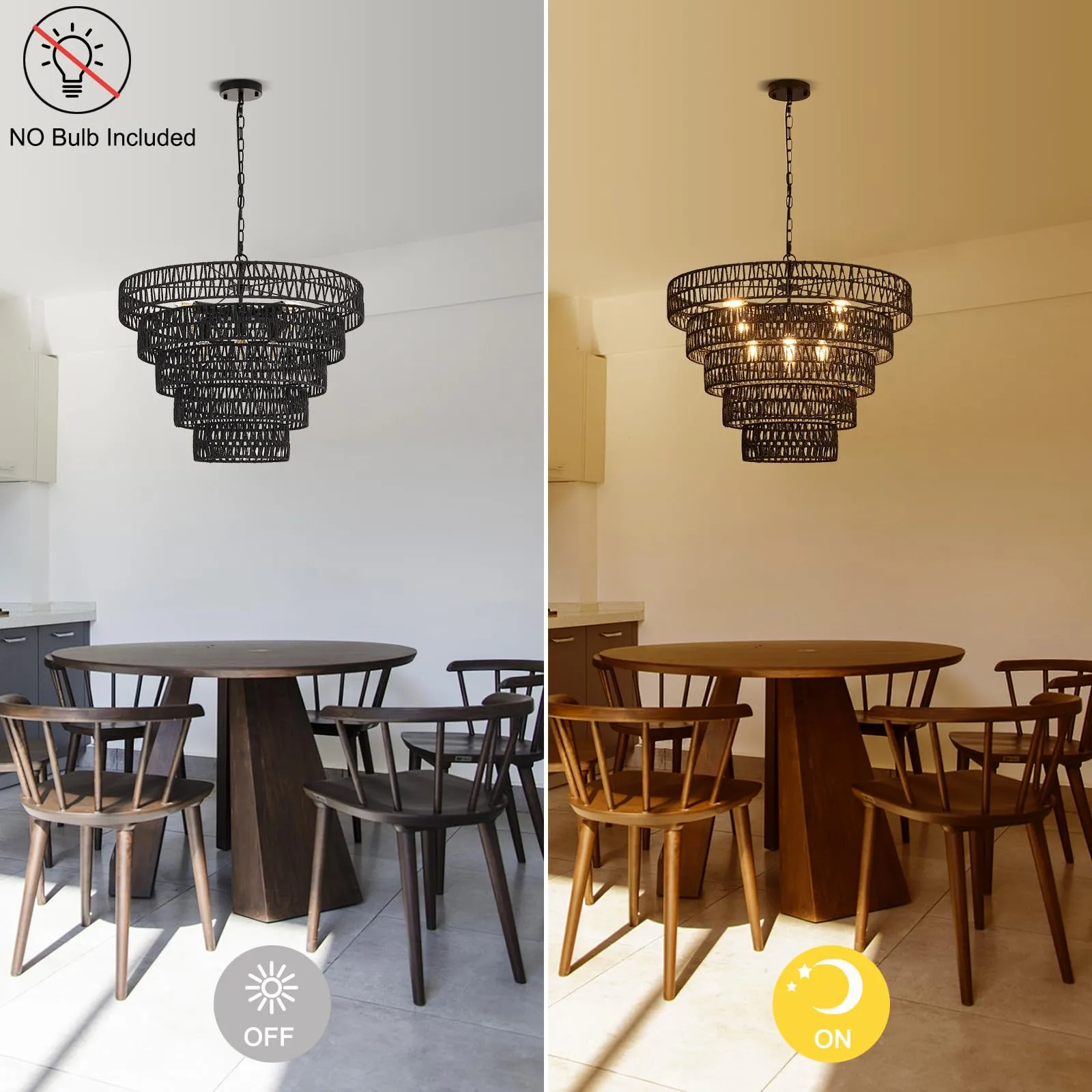 Widluth 25.6” Black Hand-Woven Rattan Chandelier Vintage Farmhouse 8-Lights Boho Large Bamboo Chandelier Light Fixture Retro 5-Tier Drum Wicker Chandelier for Dining Room, Kitchen, Bedroom, E12