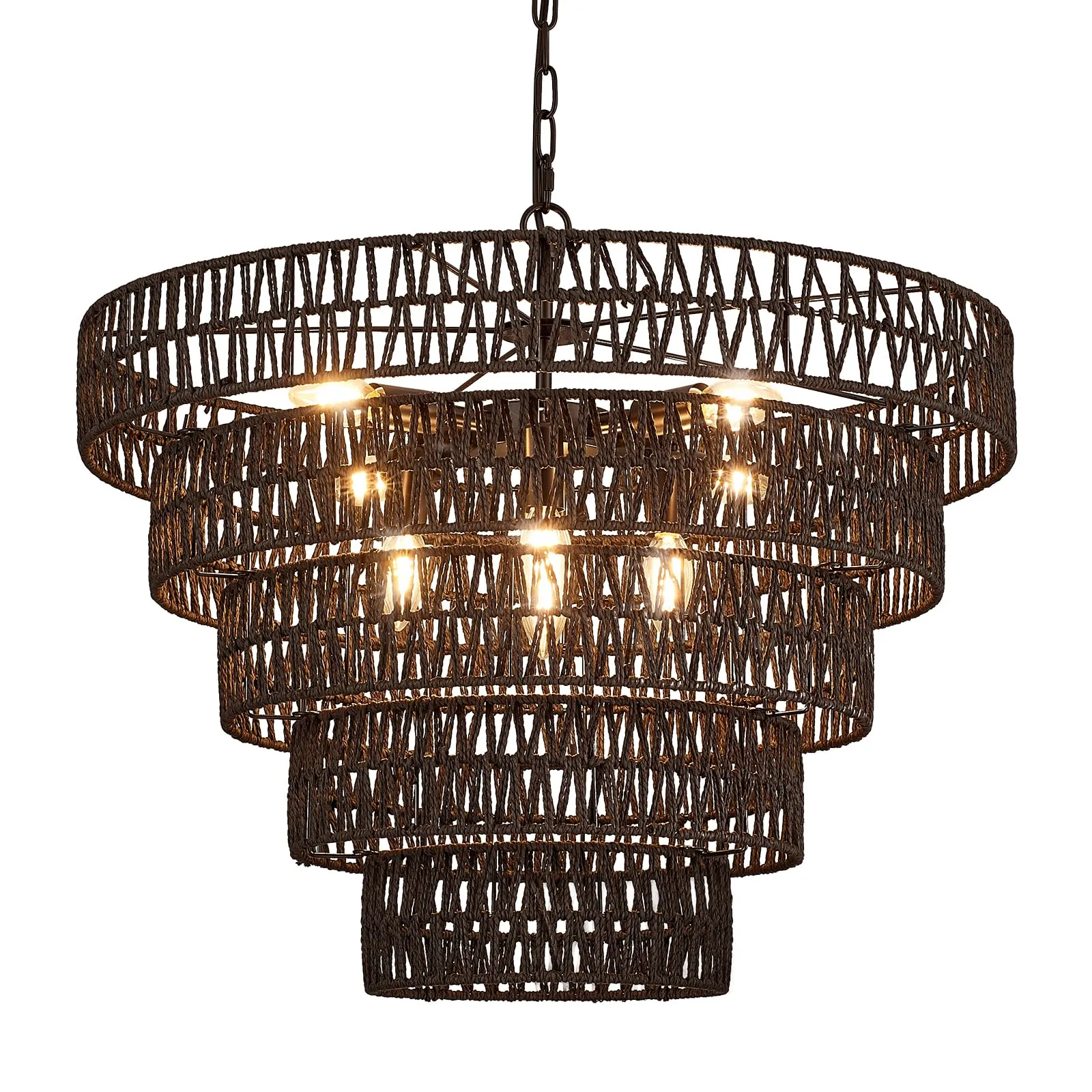 Widluth 25.6” Black Hand-Woven Rattan Chandelier Vintage Farmhouse 8-Lights Boho Large Bamboo Chandelier Light Fixture Retro 5-Tier Drum Wicker Chandelier for Dining Room, Kitchen, Bedroom, E12
