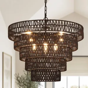 Widluth 25.6” Black Hand-Woven Rattan Chandelier Vintage Farmhouse 8-Lights Boho Large Bamboo Chandelier Light Fixture Retro 5-Tier Drum Wicker Chandelier for Dining Room, Kitchen, Bedroom, E12