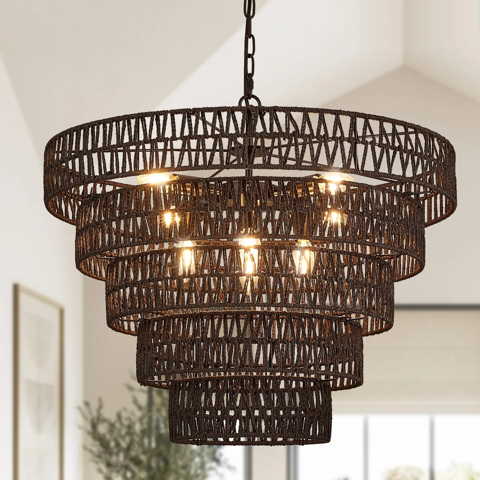 Widluth 25.6” Black Hand-Woven Rattan Chandelier Vintage Farmhouse 8-Lights Boho Large Bamboo Chandelier Light Fixture Retro 5-Tier Drum Wicker Chandelier for Dining Room, Kitchen, Bedroom, E12
