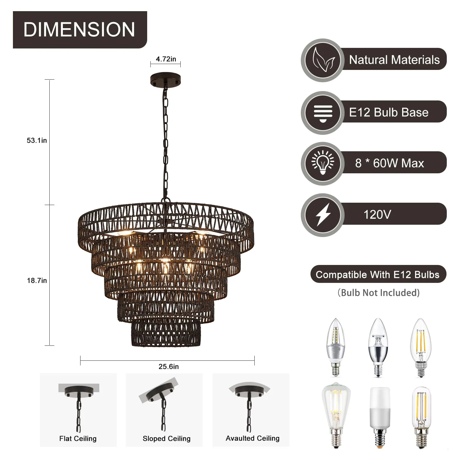 Widluth 25.6” Black Hand-Woven Rattan Chandelier Vintage Farmhouse 8-Lights Boho Large Bamboo Chandelier Light Fixture Retro 5-Tier Drum Wicker Chandelier for Dining Room, Kitchen, Bedroom, E12