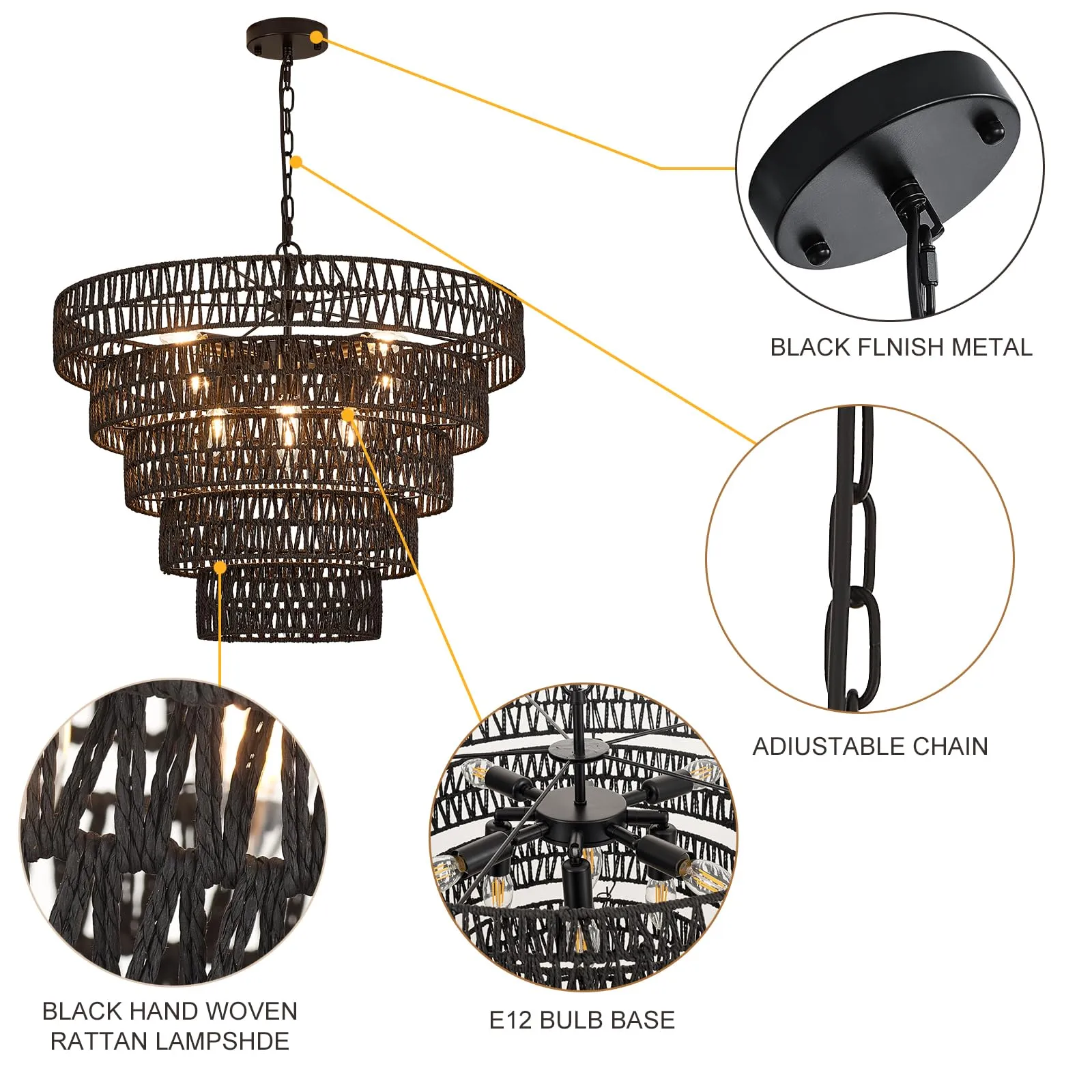 Widluth 25.6” Black Hand-Woven Rattan Chandelier Vintage Farmhouse 8-Lights Boho Large Bamboo Chandelier Light Fixture Retro 5-Tier Drum Wicker Chandelier for Dining Room, Kitchen, Bedroom, E12