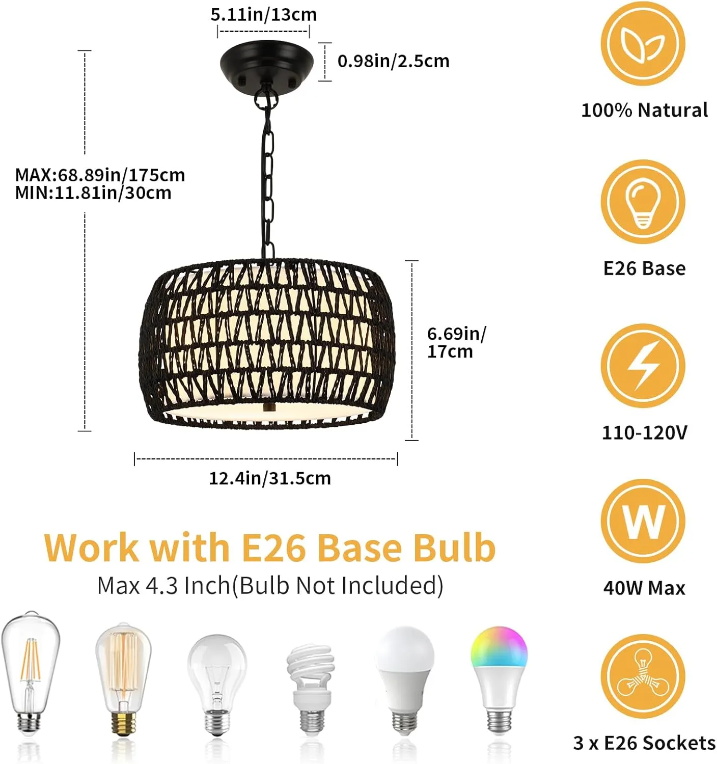 WILON Black Pendant Lights Kitchen Island 3-Light Boho Drum Rattan Chandelier with Fabric Shade, Rustic Farmhouse Chandeliers for Dining Room Light Fixtures Over Table Bedroom Foyer Entryway Living