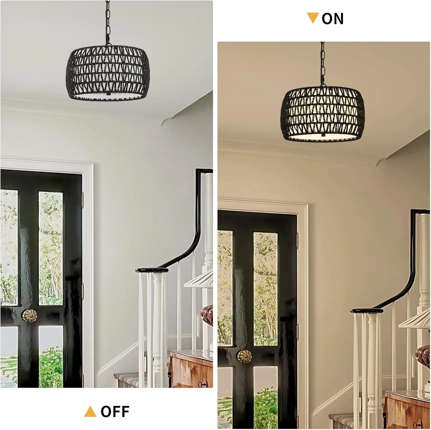 WILON Black Pendant Lights Kitchen Island 3-Light Boho Drum Rattan Chandelier with Fabric Shade, Rustic Farmhouse Chandeliers for Dining Room Light Fixtures Over Table Bedroom Foyer Entryway Living