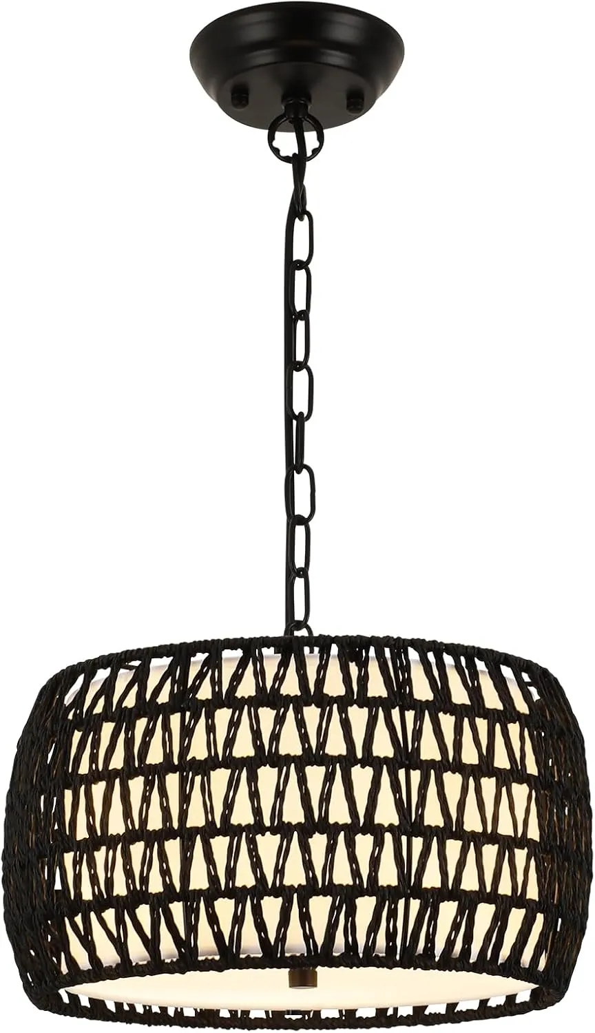 WILON Black Pendant Lights Kitchen Island 3-Light Boho Drum Rattan Chandelier with Fabric Shade, Rustic Farmhouse Chandeliers for Dining Room Light Fixtures Over Table Bedroom Foyer Entryway Living