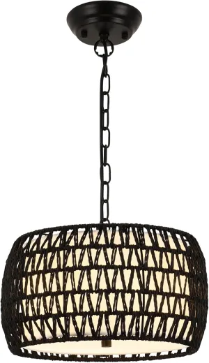 WILON Black Pendant Lights Kitchen Island 3-Light Boho Drum Rattan Chandelier with Fabric Shade, Rustic Farmhouse Chandeliers for Dining Room Light Fixtures Over Table Bedroom Foyer Entryway Living