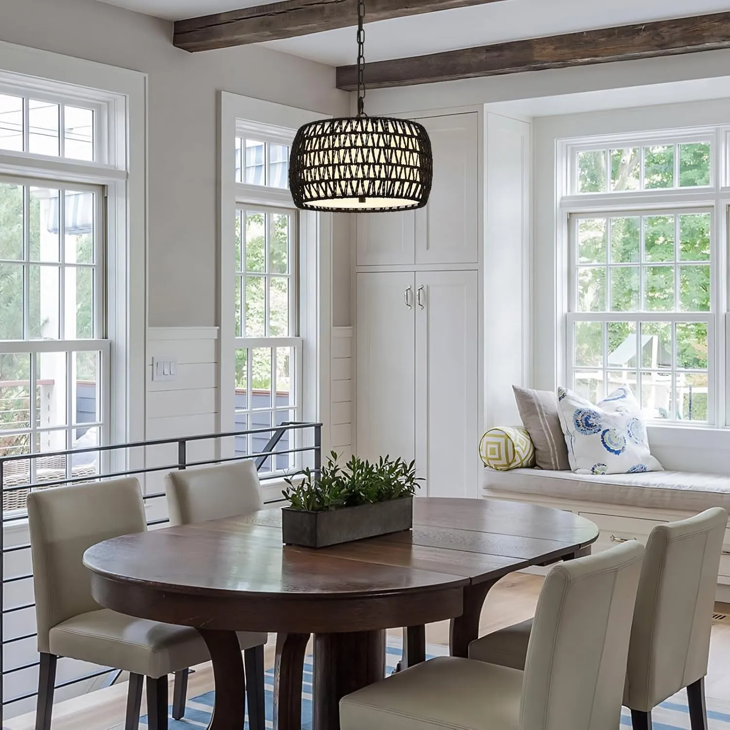 WILON Black Pendant Lights Kitchen Island 3-Light Boho Drum Rattan Chandelier with Fabric Shade, Rustic Farmhouse Chandeliers for Dining Room Light Fixtures Over Table Bedroom Foyer Entryway Living