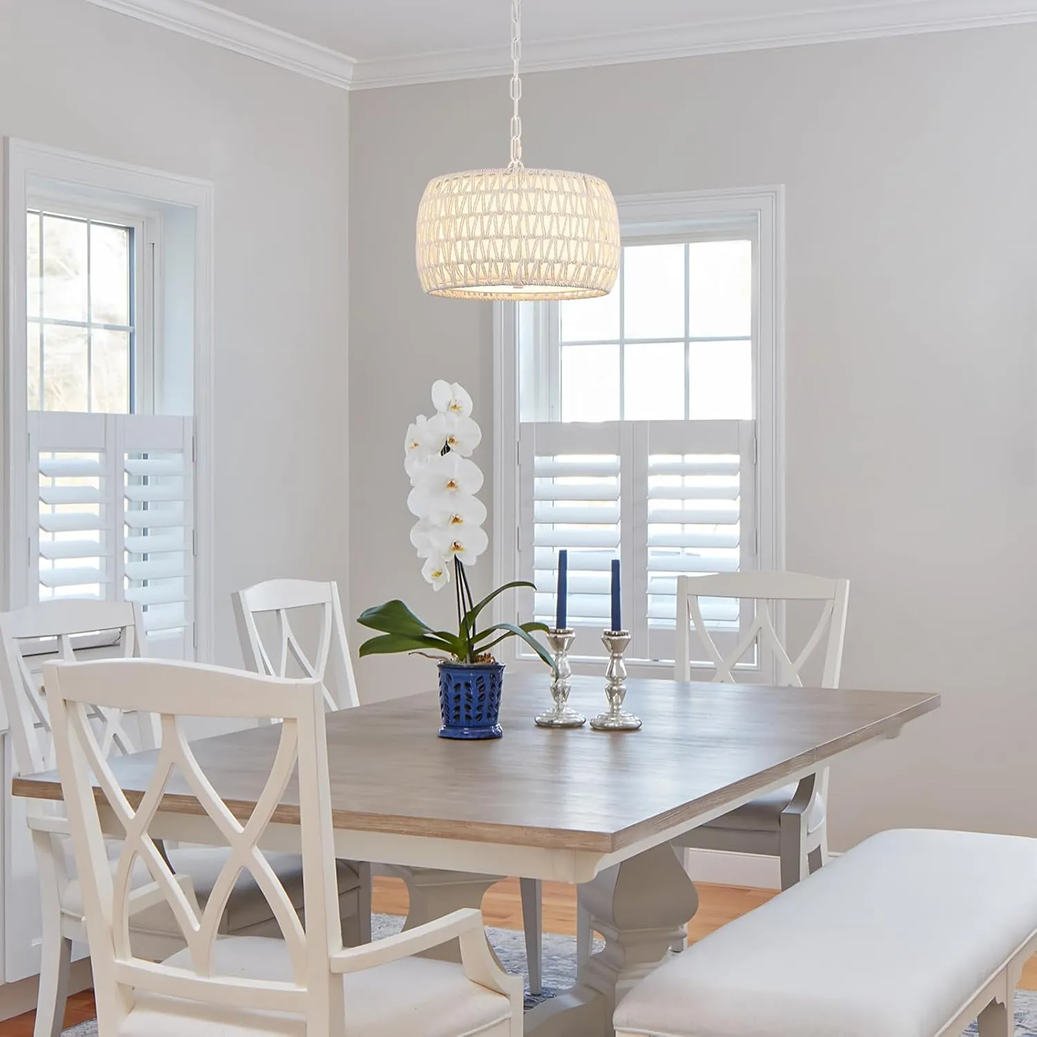 WILON White Rattan Pendant Light for Dining Room Light Fixture, 3-Light Rattan Boho Farmhouse Chandeliers Light, Modern Drum Hanging Lights for Kitchen Island Living Room Bedroom Foyer Entryway