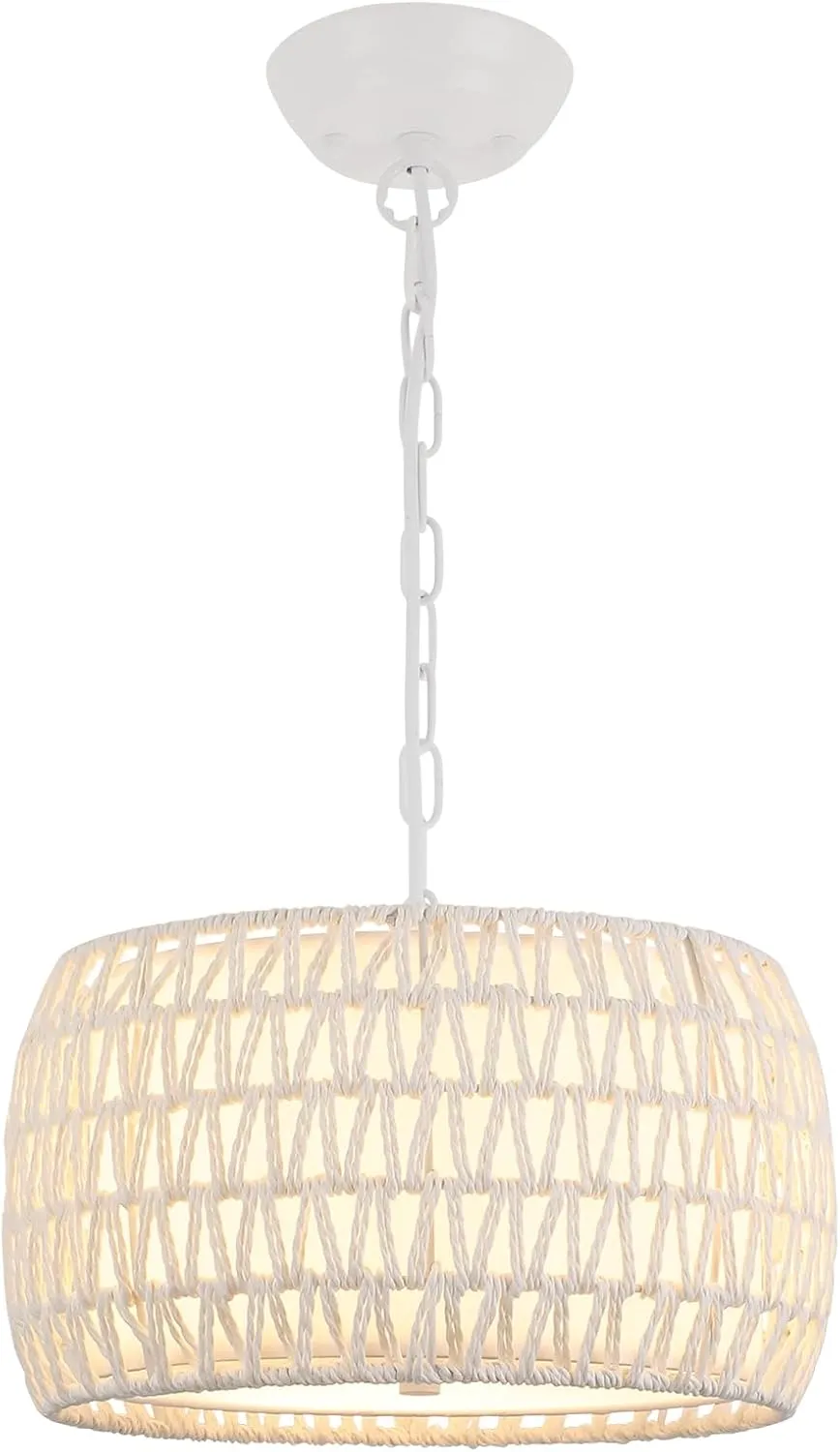 WILON White Rattan Pendant Light for Dining Room Light Fixture, 3-Light Rattan Boho Farmhouse Chandeliers Light, Modern Drum Hanging Lights for Kitchen Island Living Room Bedroom Foyer Entryway