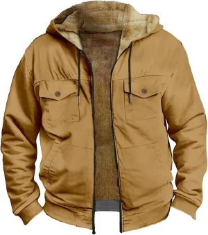 Winter Sherpa Hooded Jacket for Men Drawstring Fleece Lined Warm Hoodies Zip Up Thick Heavyweight Cargo Coats Outwear