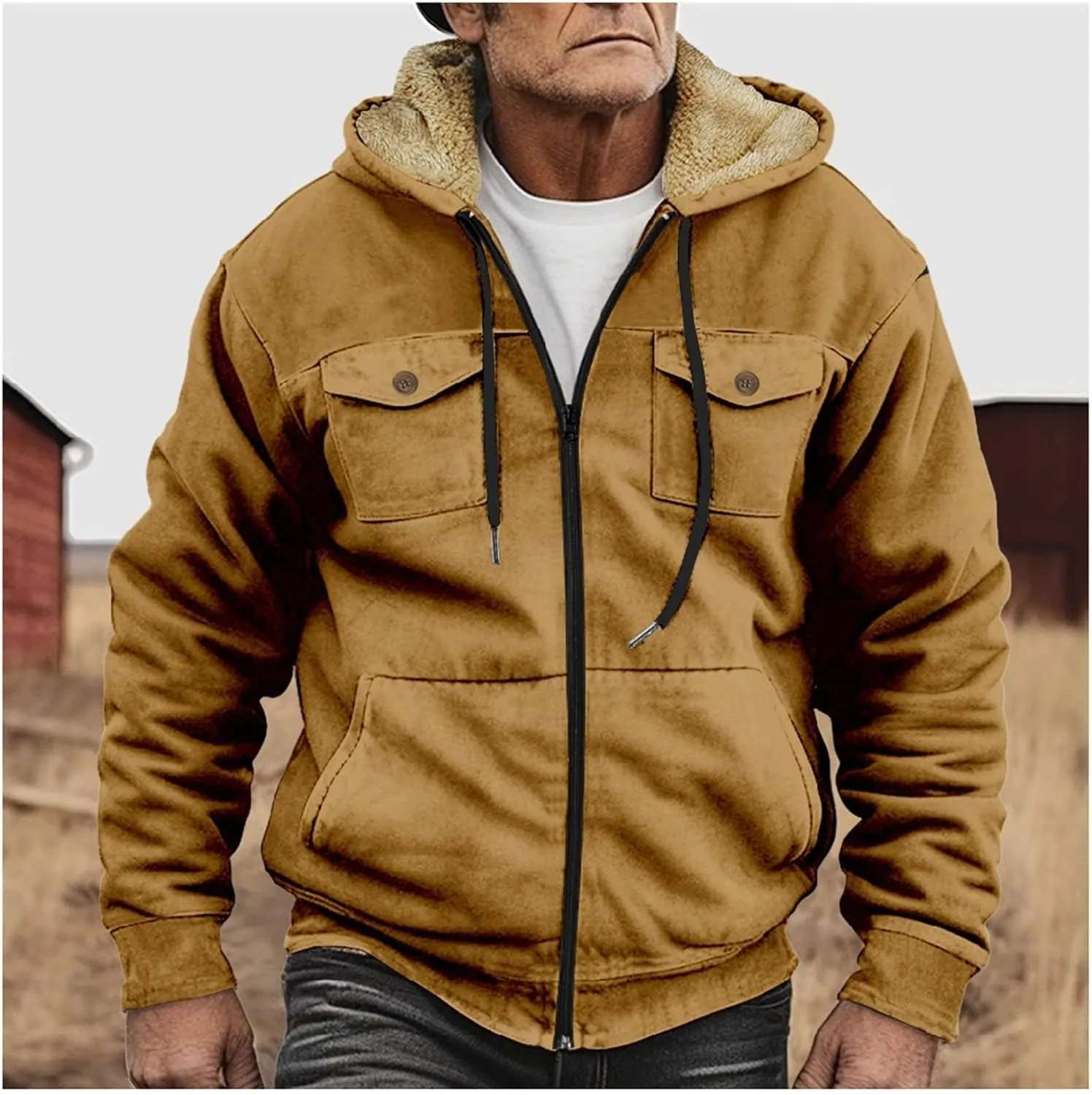 Winter Sherpa Hooded Jacket for Men Drawstring Fleece Lined Warm Hoodies Zip Up Thick Heavyweight Cargo Coats Outwear