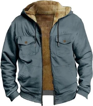 Winter Sherpa Hooded Jacket for Men Drawstring Fleece Lined Warm Hoodies Zip Up Thick Heavyweight Cargo Coats Outwear