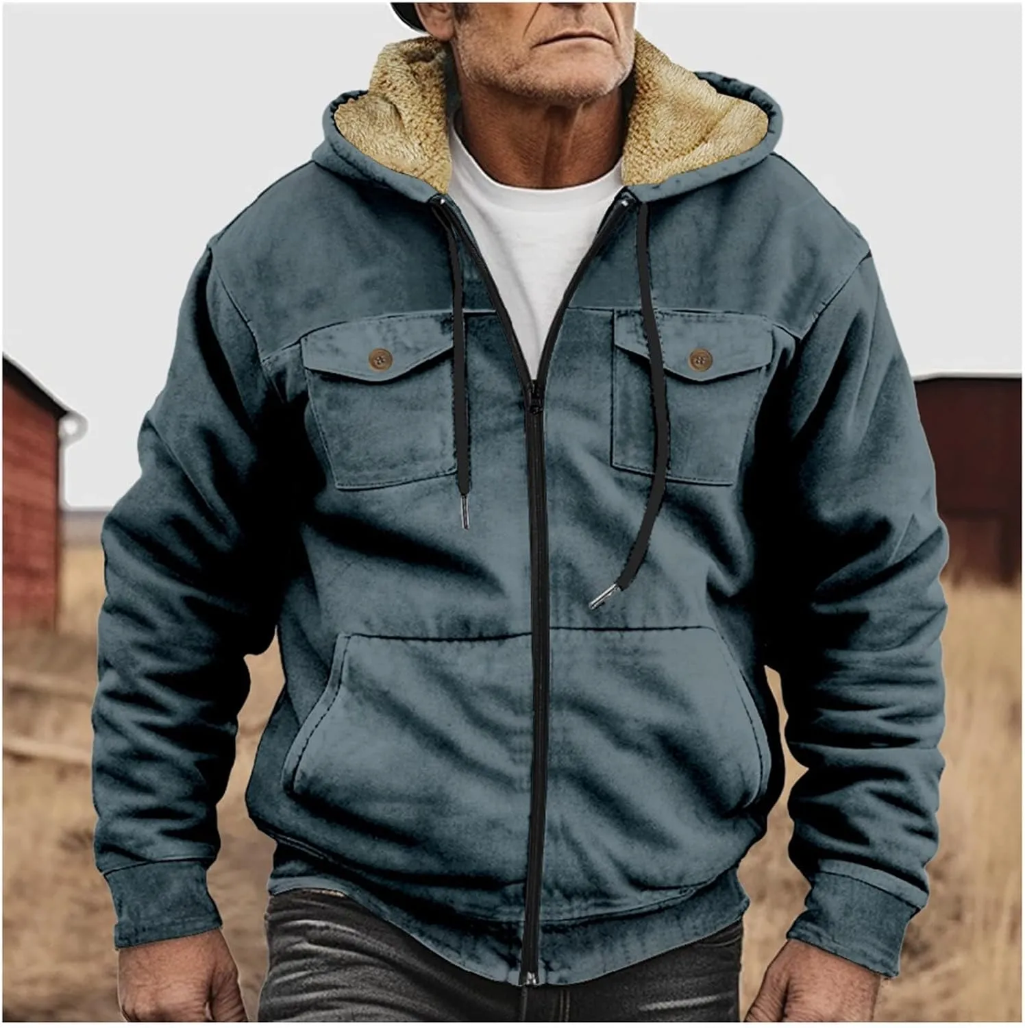 Winter Sherpa Hooded Jacket for Men Drawstring Fleece Lined Warm Hoodies Zip Up Thick Heavyweight Cargo Coats Outwear