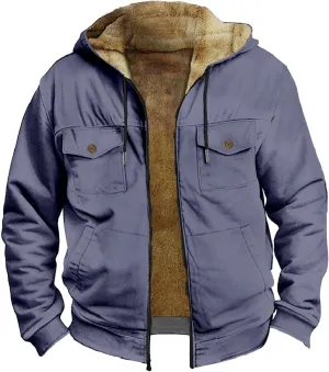 Winter Sherpa Hooded Jacket for Men Drawstring Fleece Lined Warm Hoodies Zip Up Thick Heavyweight Cargo Coats Outwear