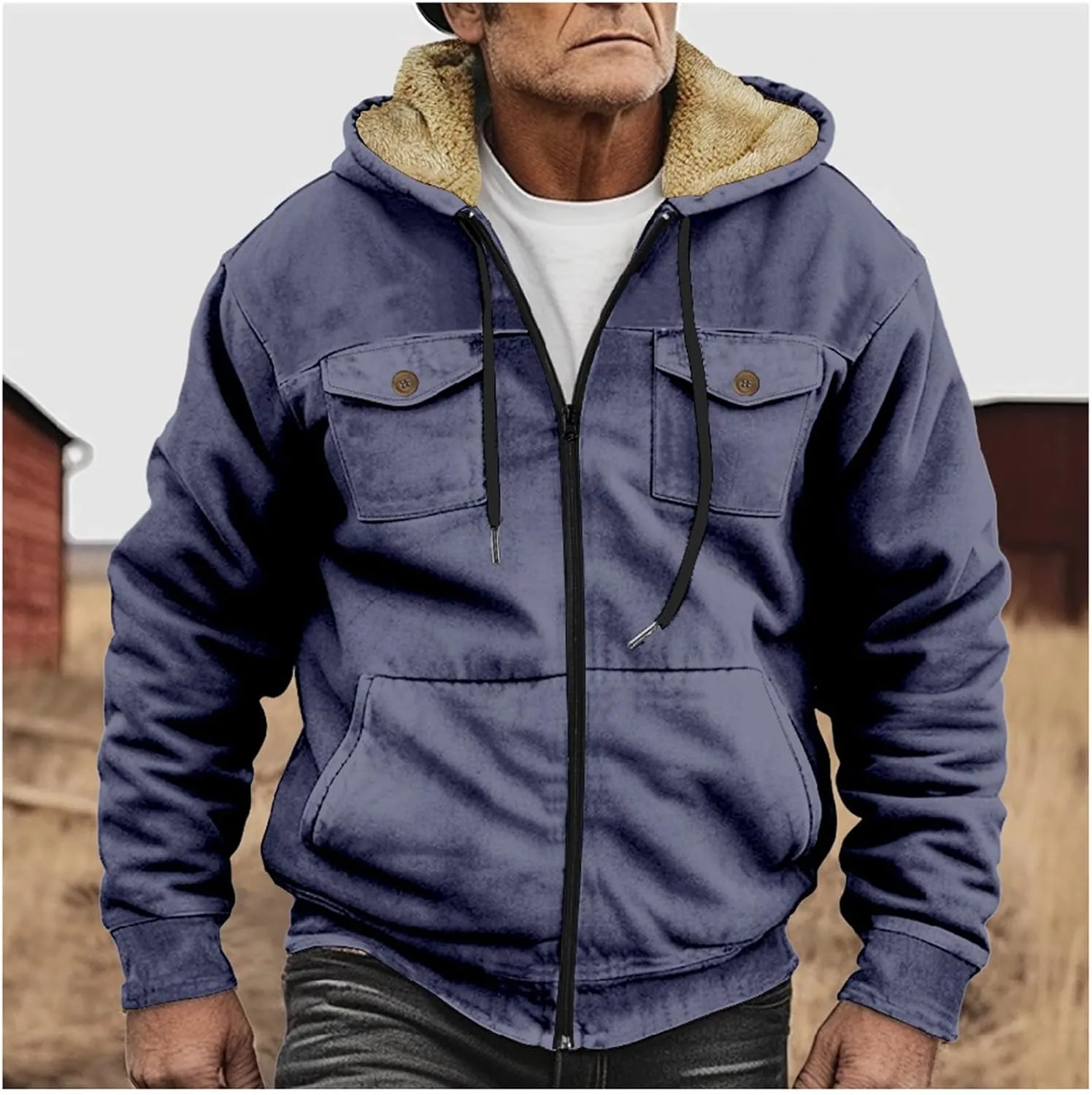 Winter Sherpa Hooded Jacket for Men Drawstring Fleece Lined Warm Hoodies Zip Up Thick Heavyweight Cargo Coats Outwear