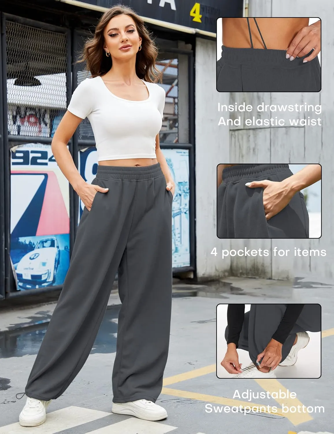 Women Baggy Sweatpants Casual Wide Leg Drawstring Athletic Fit Joggers Lounge Pants Trousers with Pockets