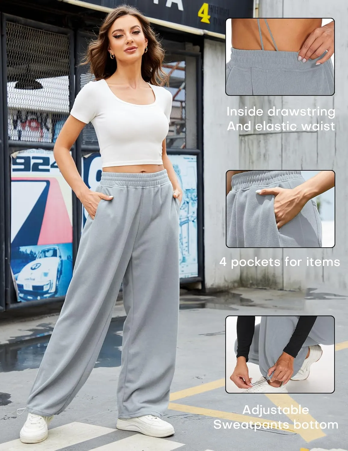 Women Baggy Sweatpants Casual Wide Leg Drawstring Athletic Fit Joggers Lounge Pants Trousers with Pockets