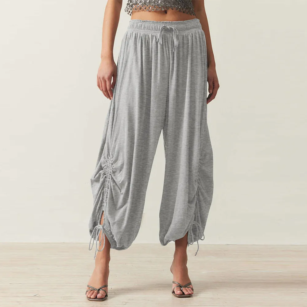 Women Casual Solid Color Drawstring Loose Pants