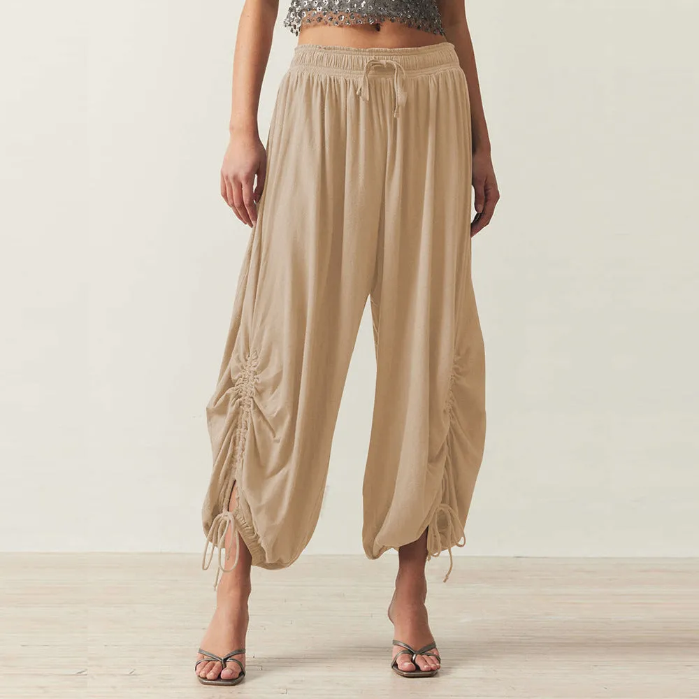 Women Casual Solid Color Drawstring Loose Pants